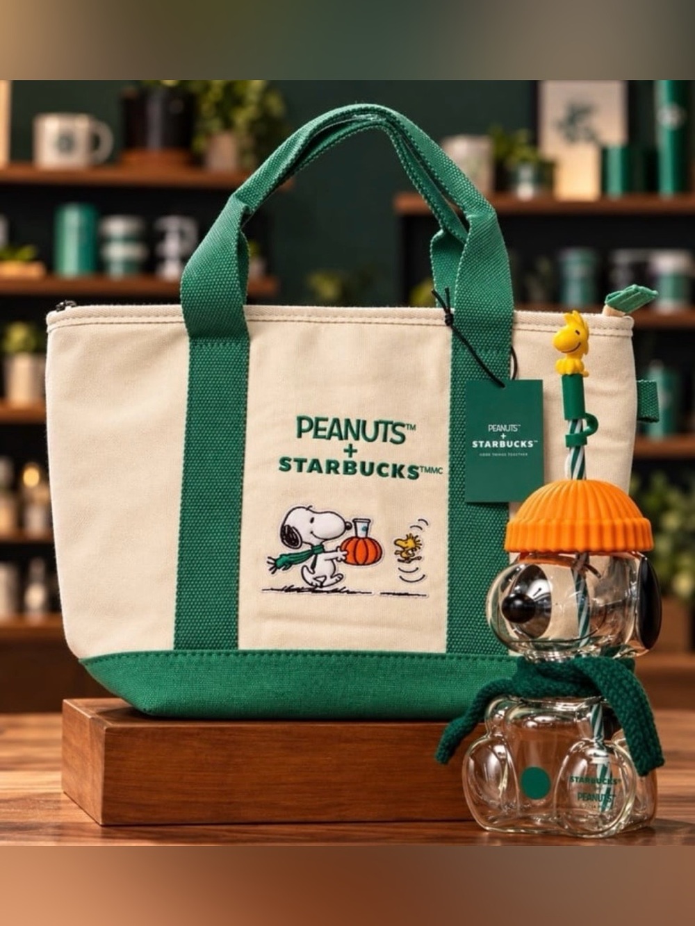 Starbucks x  Peanuts Mini Tote Bag + Snoopy glass cup
